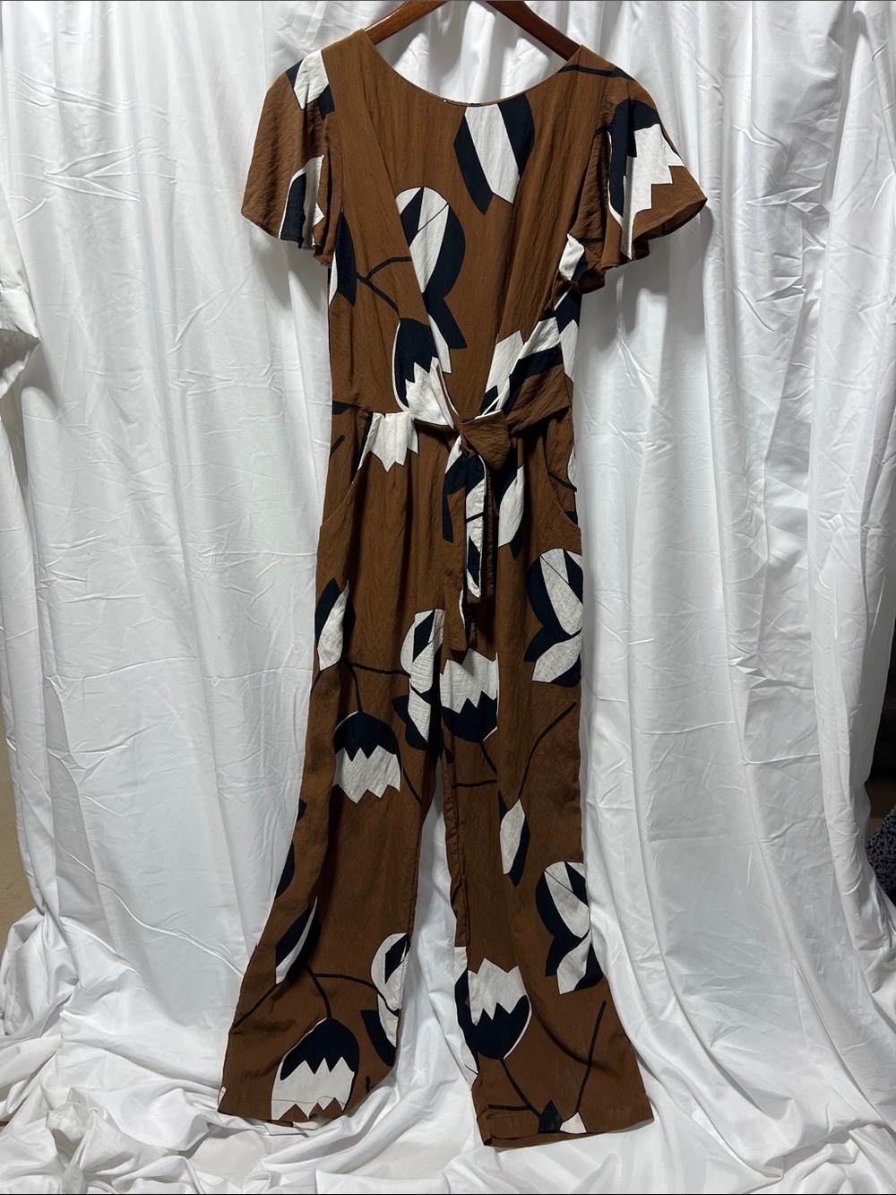 Eva Franco Brown Floral-Print Wide-Leg Jumpsuit with Tie